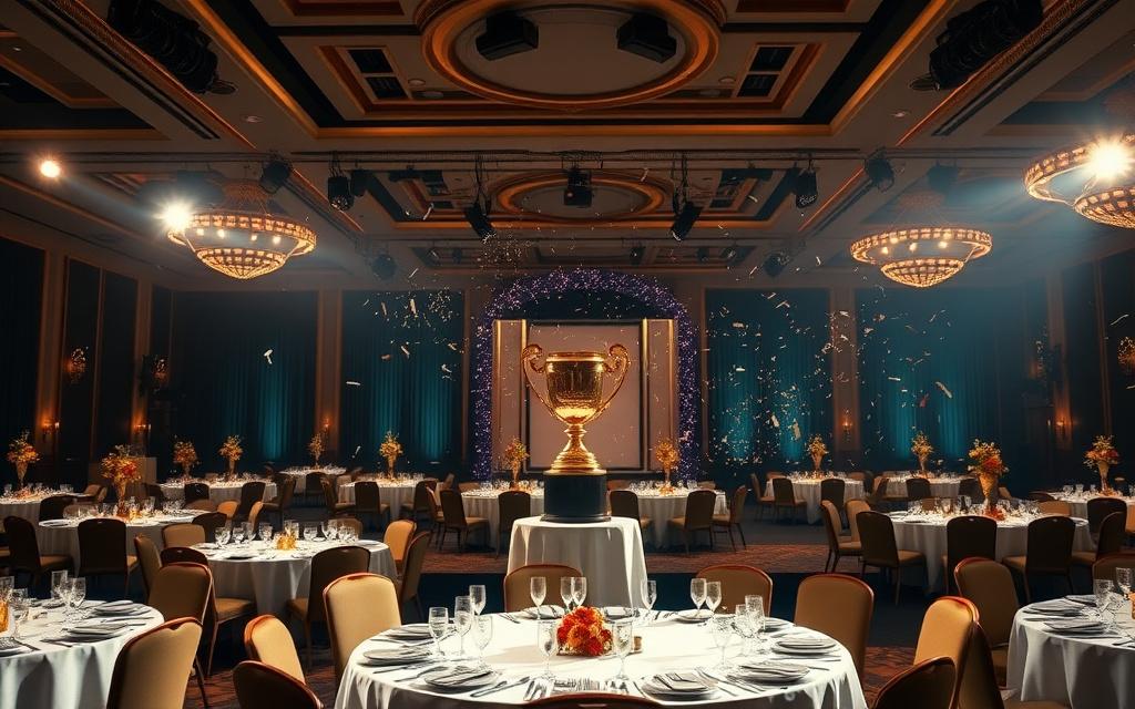 Awards night ballroom with trophy on stage and candlelit tables