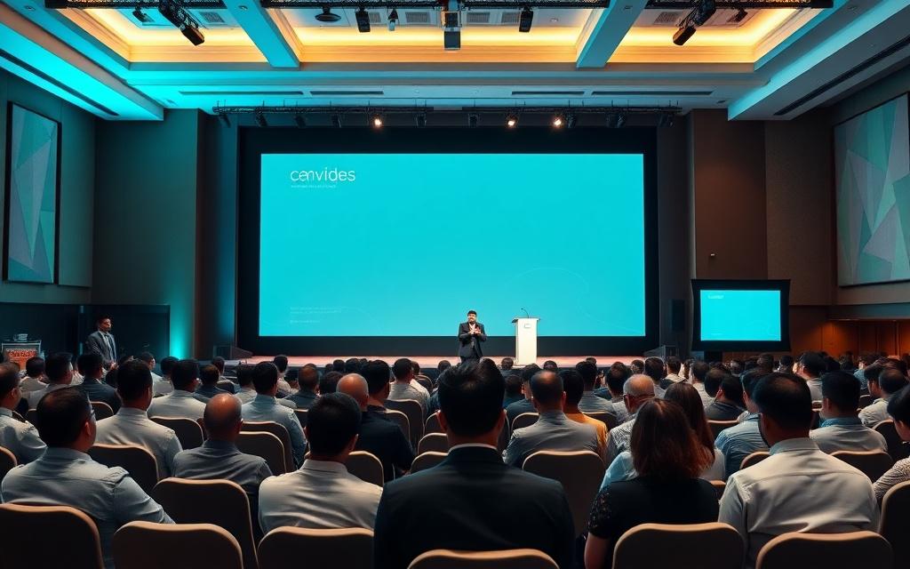Corporate conference stage with LED screen and audience