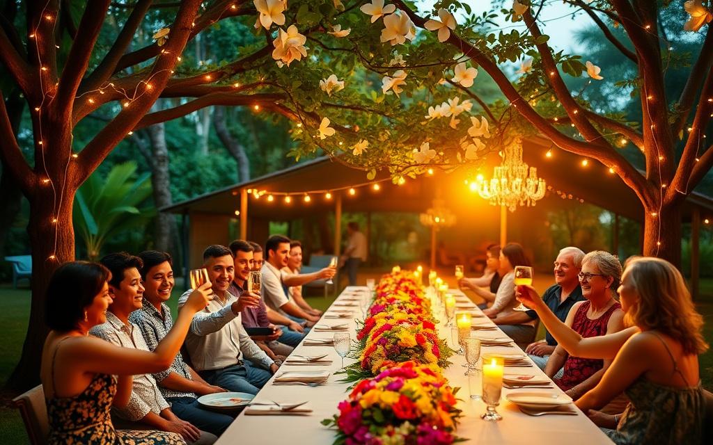 Garden celebration dinner under festoon lights at golden hour