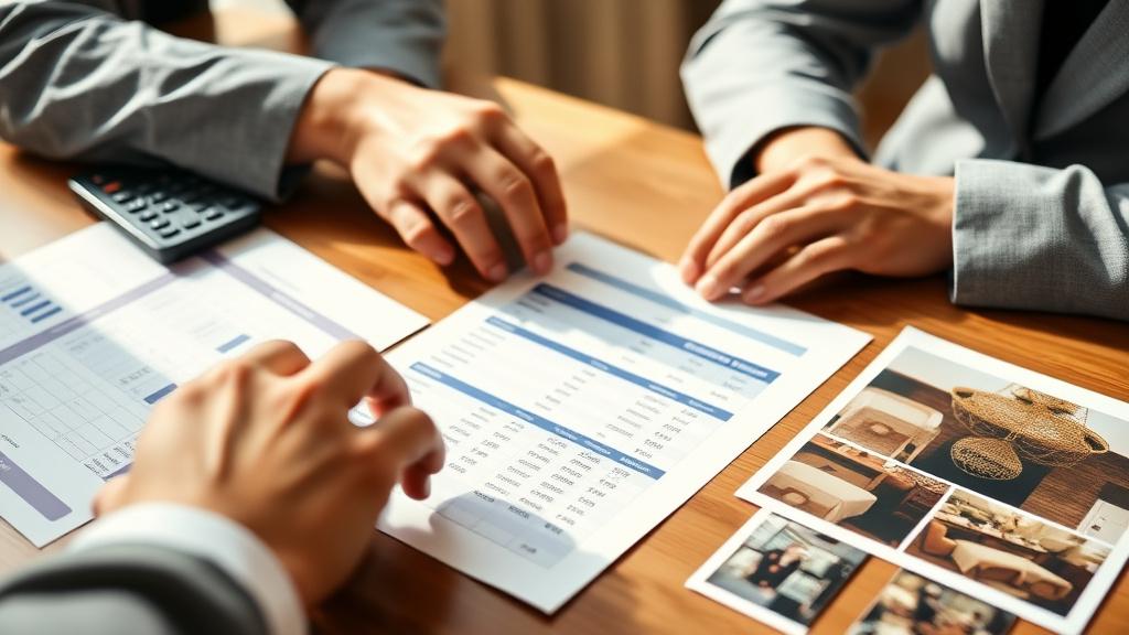 Hands reviewing event cost spreadsheets and swatches on a desk