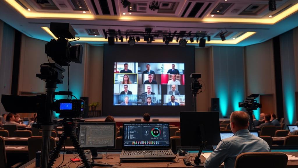 Broadcast cameras filming a hybrid conference stage