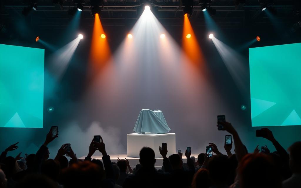 Product reveal moment on stage under a spotlight