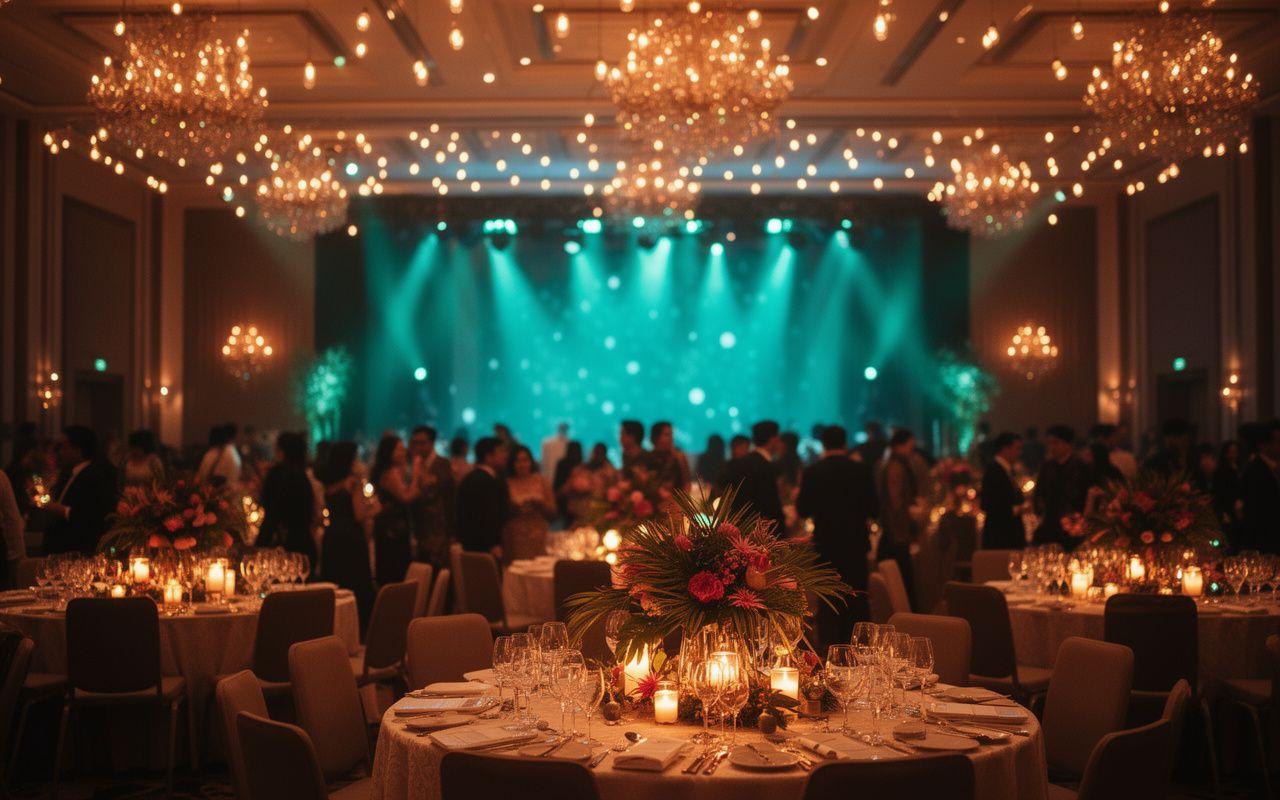Gala dinner in a grand Malaysian ballroom with amber string lights