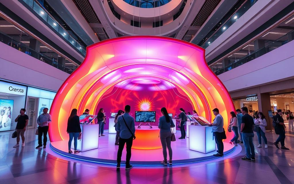 Interactive brand activation pavilion with glowing light tunnels