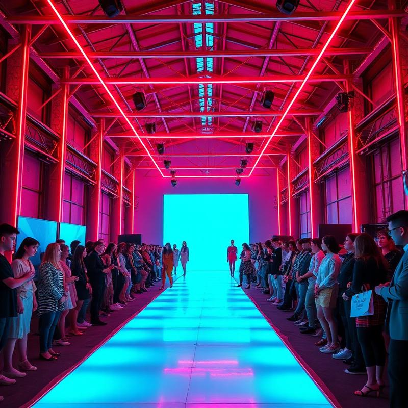 Neon-lit runway installation inside a warehouse venue